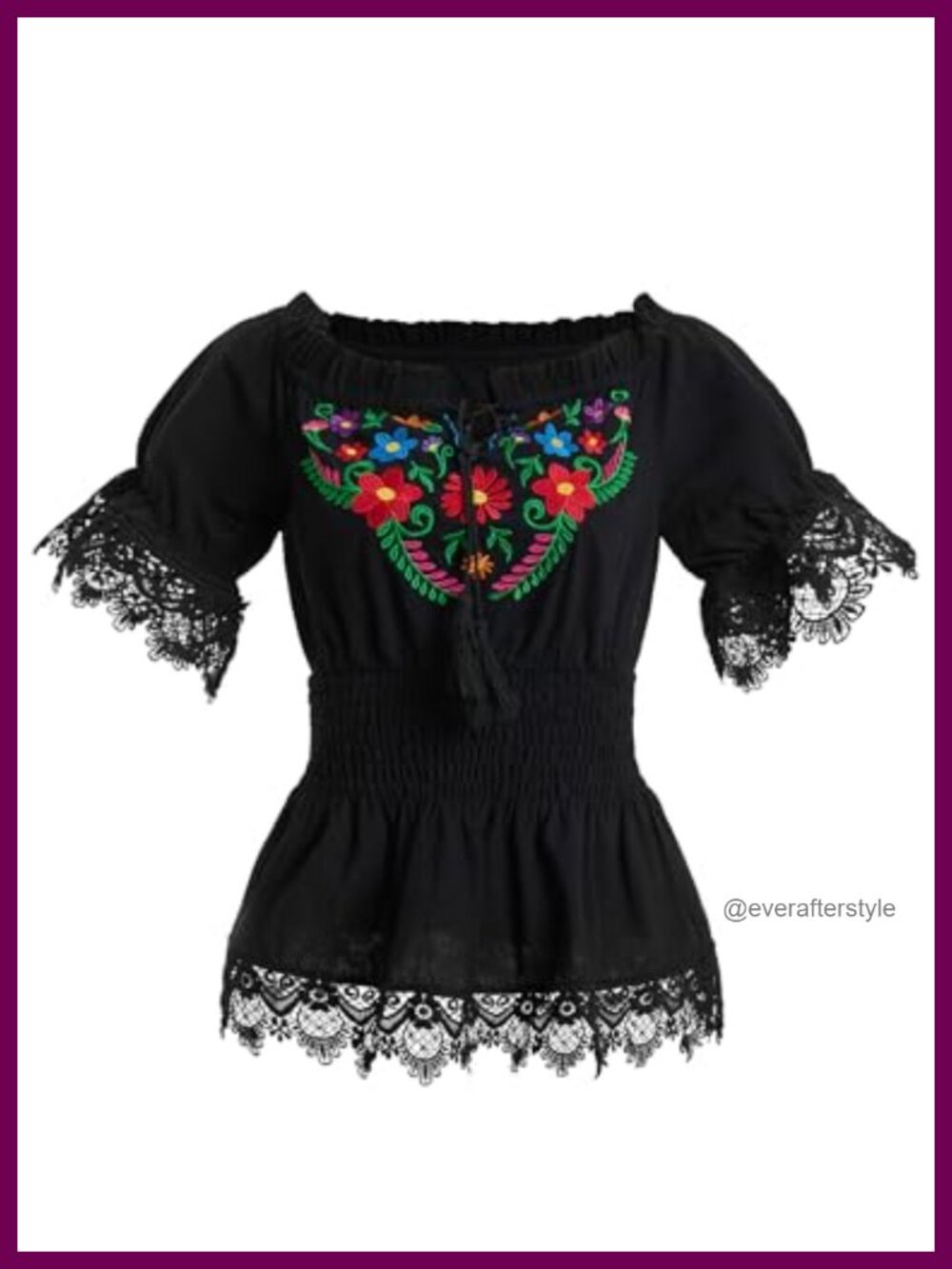 Mexican Floral Embroidered Off-Shoulder Peasant Tunic Blouse 100% Cotton